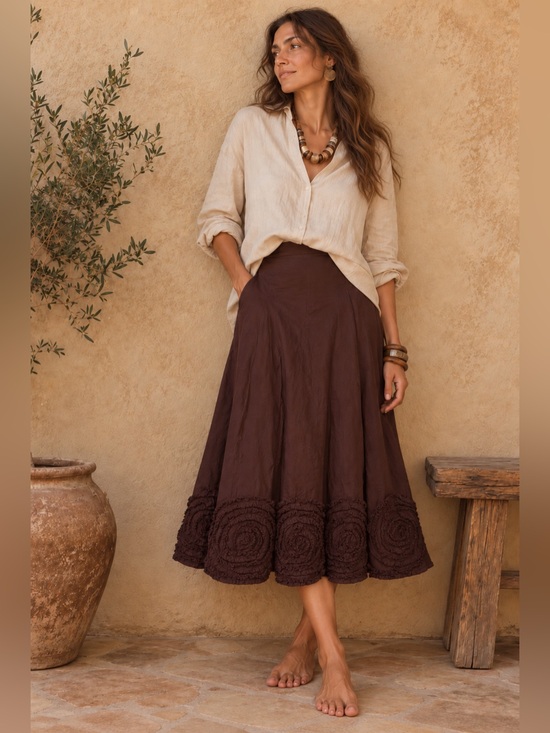 Dresses & Skirts - Chocolate Brown Embroidered Midi Skirt Boho Artisan Lagenlook European, L